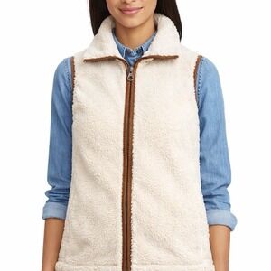 Chaps Sherpa Fleece Vest Women Plus 3X Ivory Full Zip High Neck Utility Cozycore